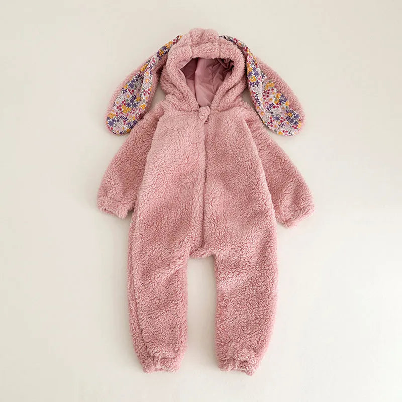 Baby girl bunny jumpsuit with zipper and hood, khaki colour, long sleeves