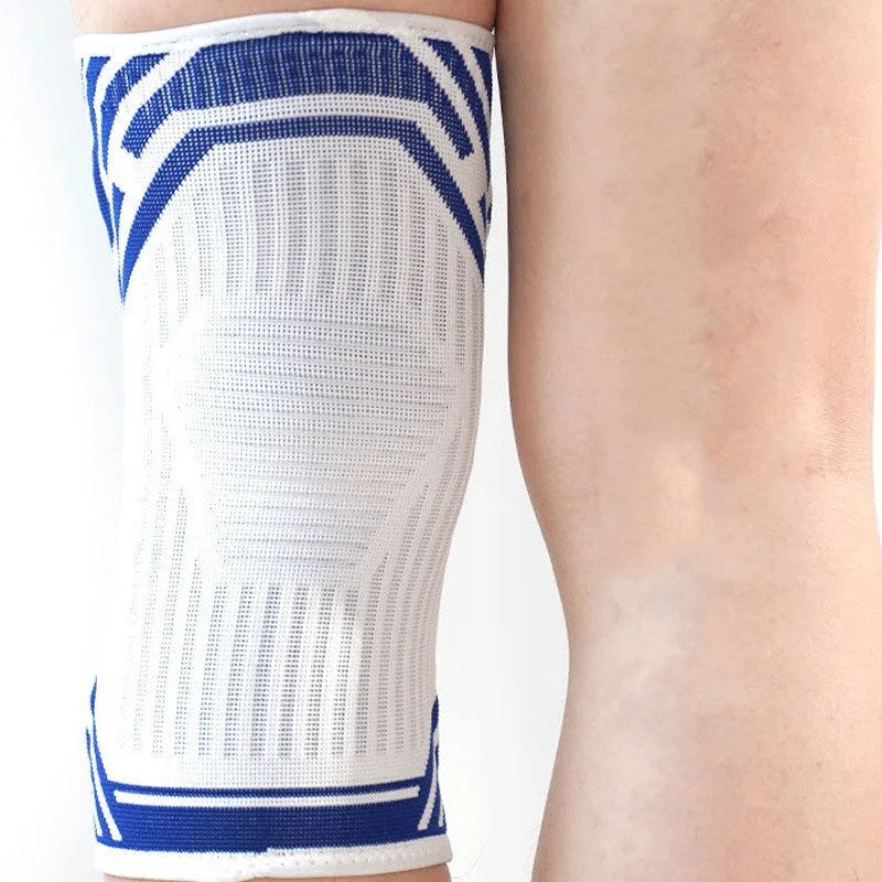 Adult cotton knee pads in blue, grey, and yellow colours, shown for sports like basketball and running.
