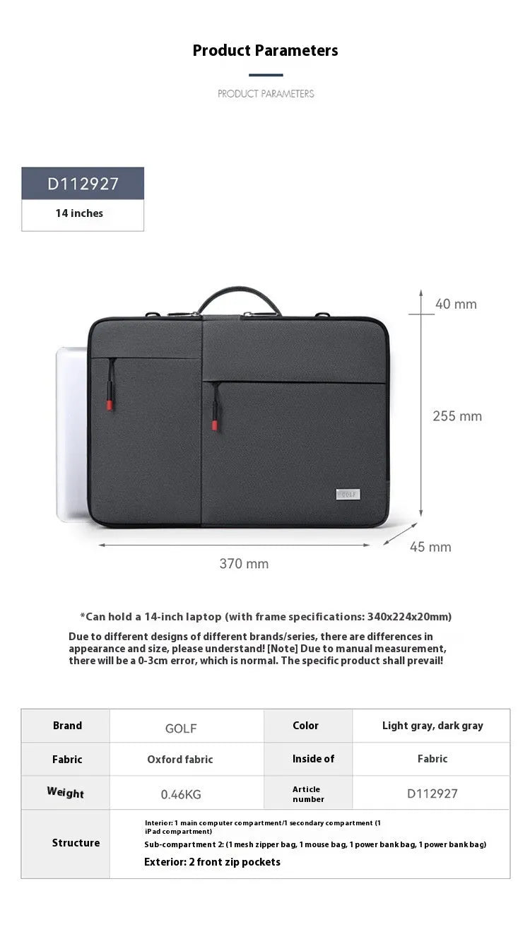 Men's 14-inch laptop shoulder bag in dark gray Oxford fabric with shockproof protection