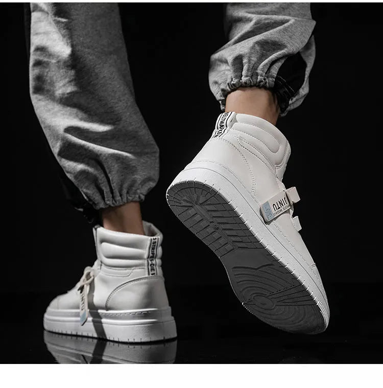 Men's Korean style short boots in white with faux leather upper, side view showing clean silhouette