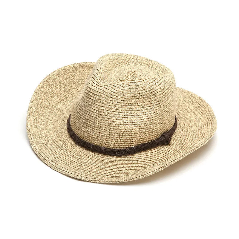 Men's foldable straw sun hat with wide brim in mixed beige colour, shown in folded and unfolded positions