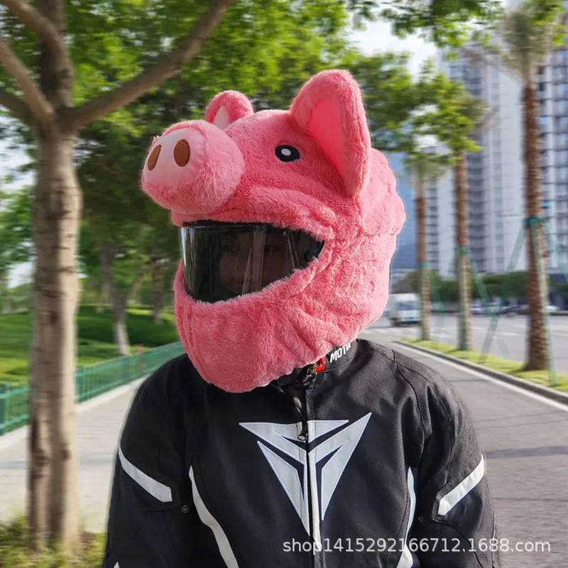 Pink pig cartoon plush helmet protective hood for motorcycle helmets with protective sleeve