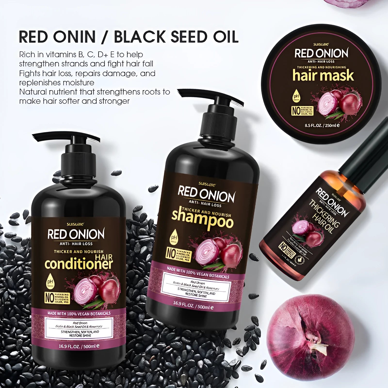 Red onion shampoo and conditioner 4-piece set with hair mask and essential oil bottles