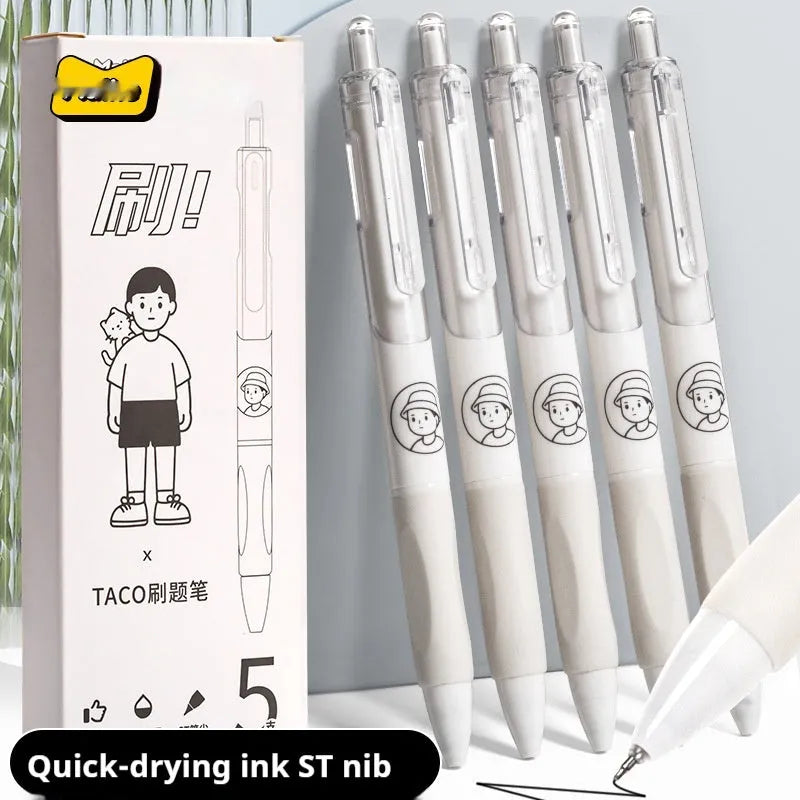Five neutral black ballpoint pens with white brush finish and 0.5mm tips