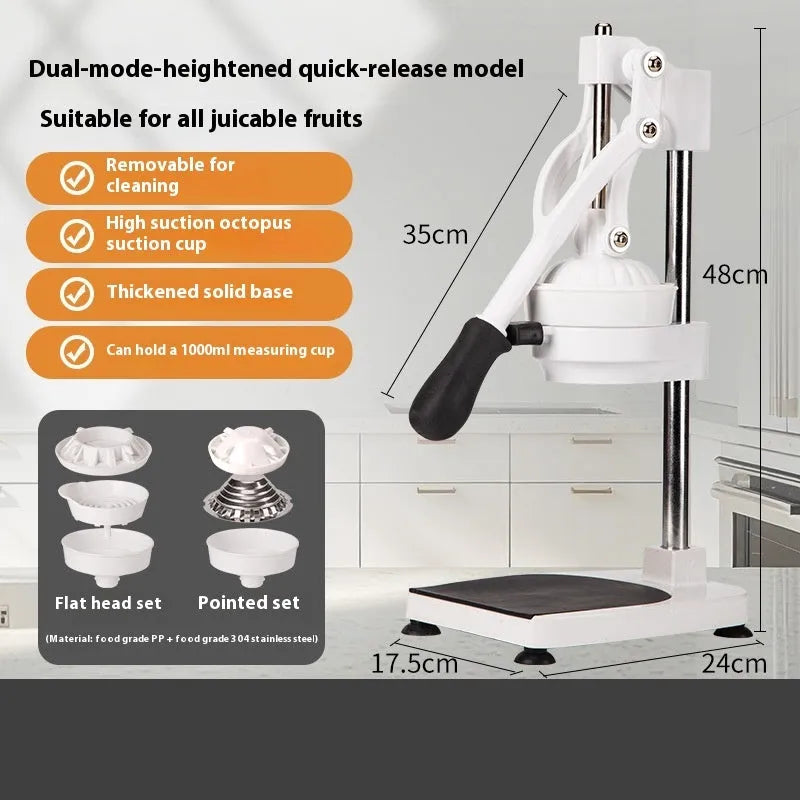 Stainless steel manual orange juicer with quick disassembly mechanism on a commercial countertop