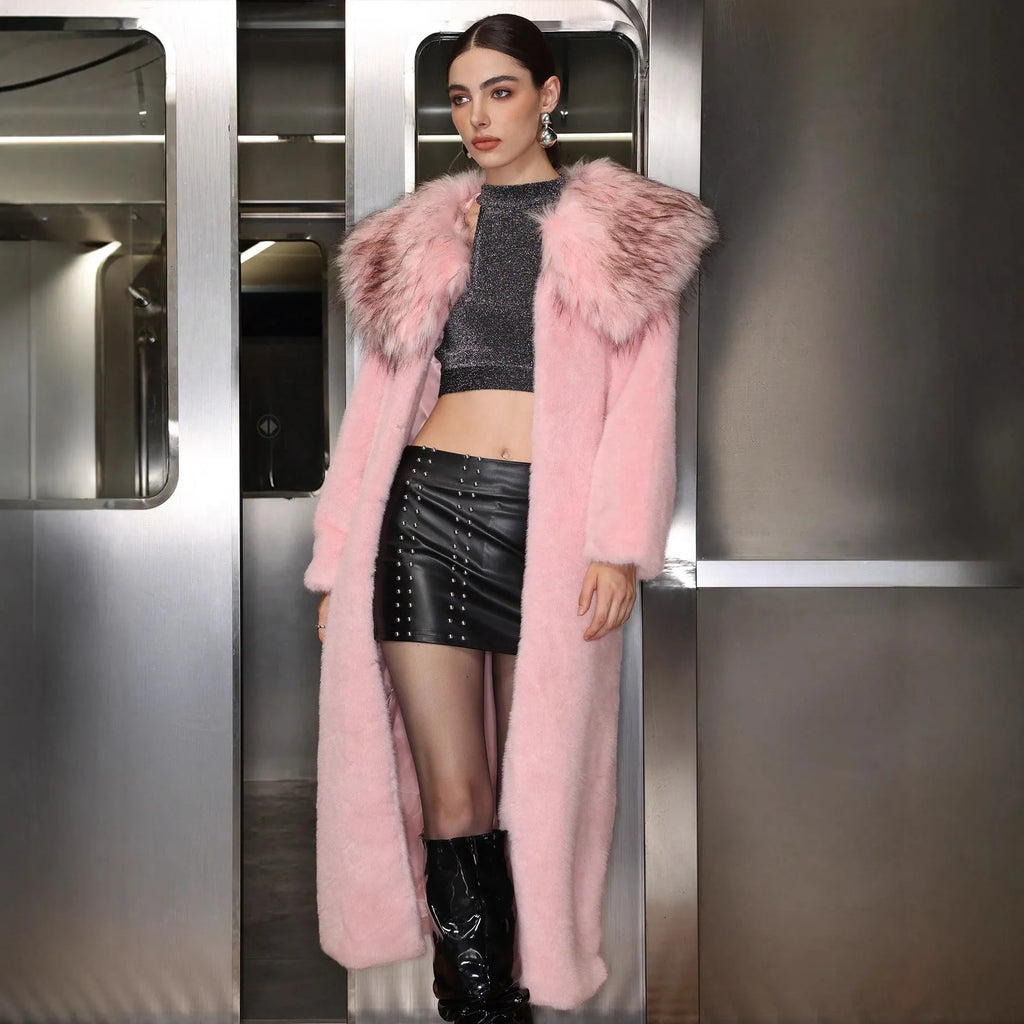 Women's pink plush faux fur long coat with fur collar, full-length 80cm design