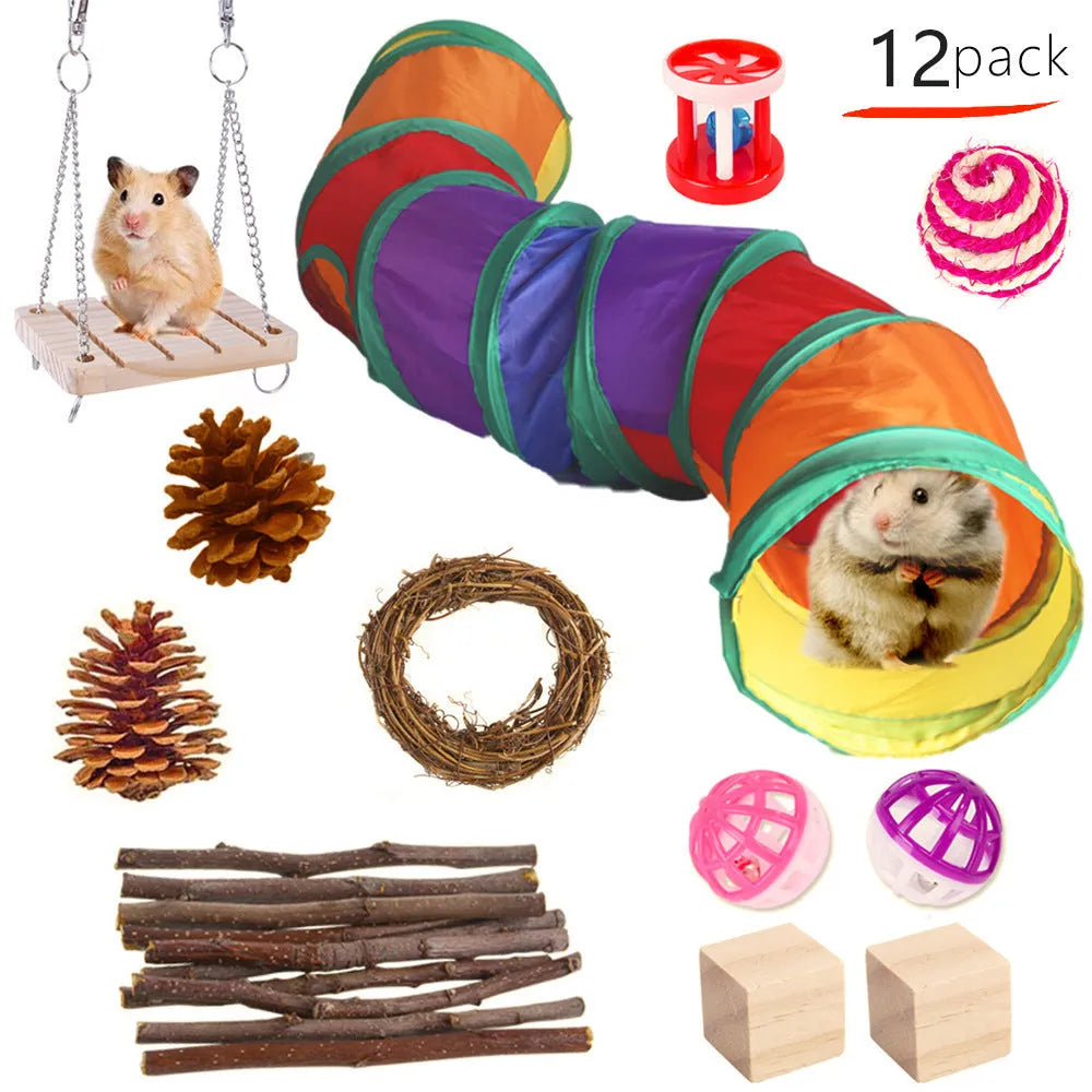 Wooden toy combination set for rabbits, guinea pigs, and parrots with straw mattress and natural material balls