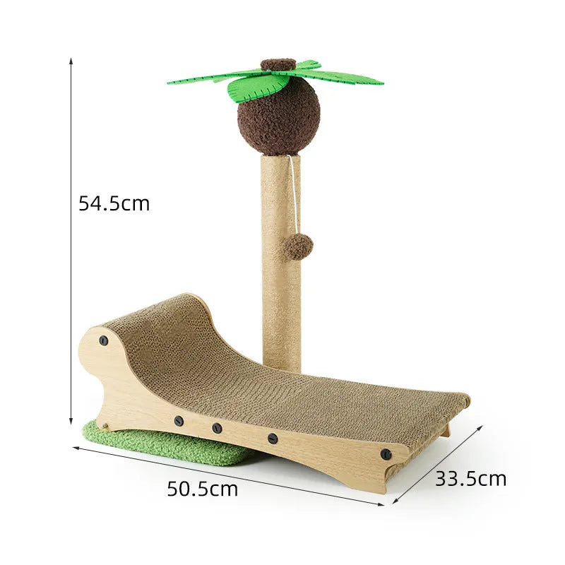 Wooden beach chair style cat climbing frame with integrated nest, scratch board, and hemp mat
