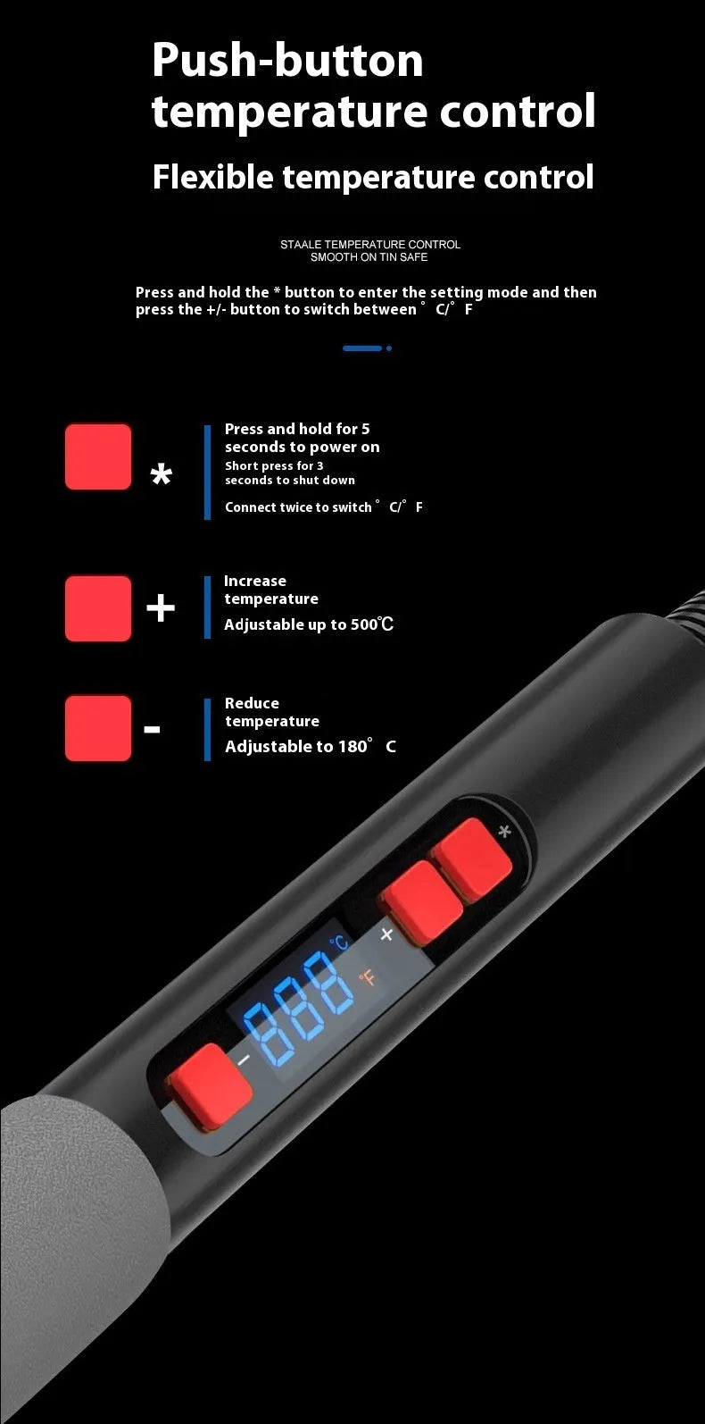 Grey 90W electric soldering iron with ceramic heating core and adjustable temperature control