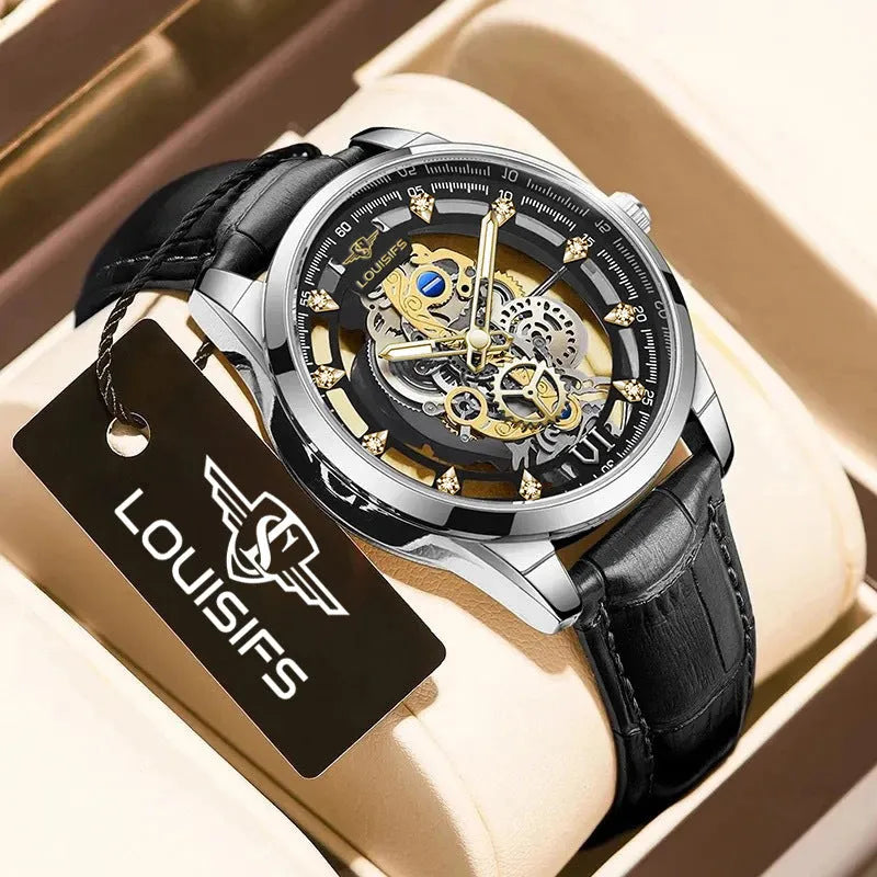 Men's Swiss quartz watch with double-sided hollow movement and leather strap