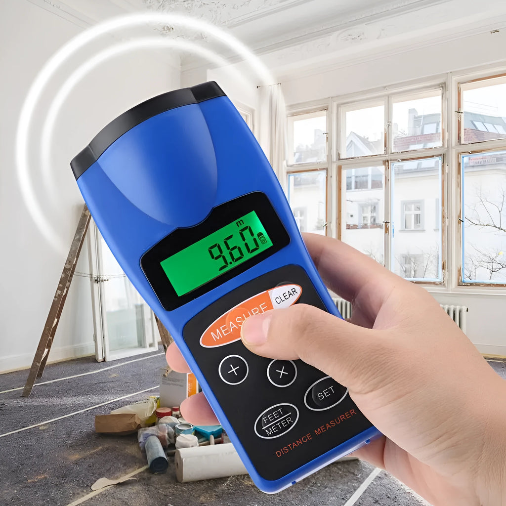 Cp-3008 ultrasonic range finder handheld ABS plastic black distance measuring tool front view