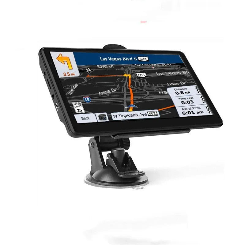 7 inch car GPS navigation device with touch screen on a bracket, next to a car charger.