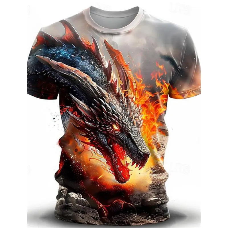 Men's grey T-shirt with 3D printed wind dragon design, short sleeves, and pullover style
