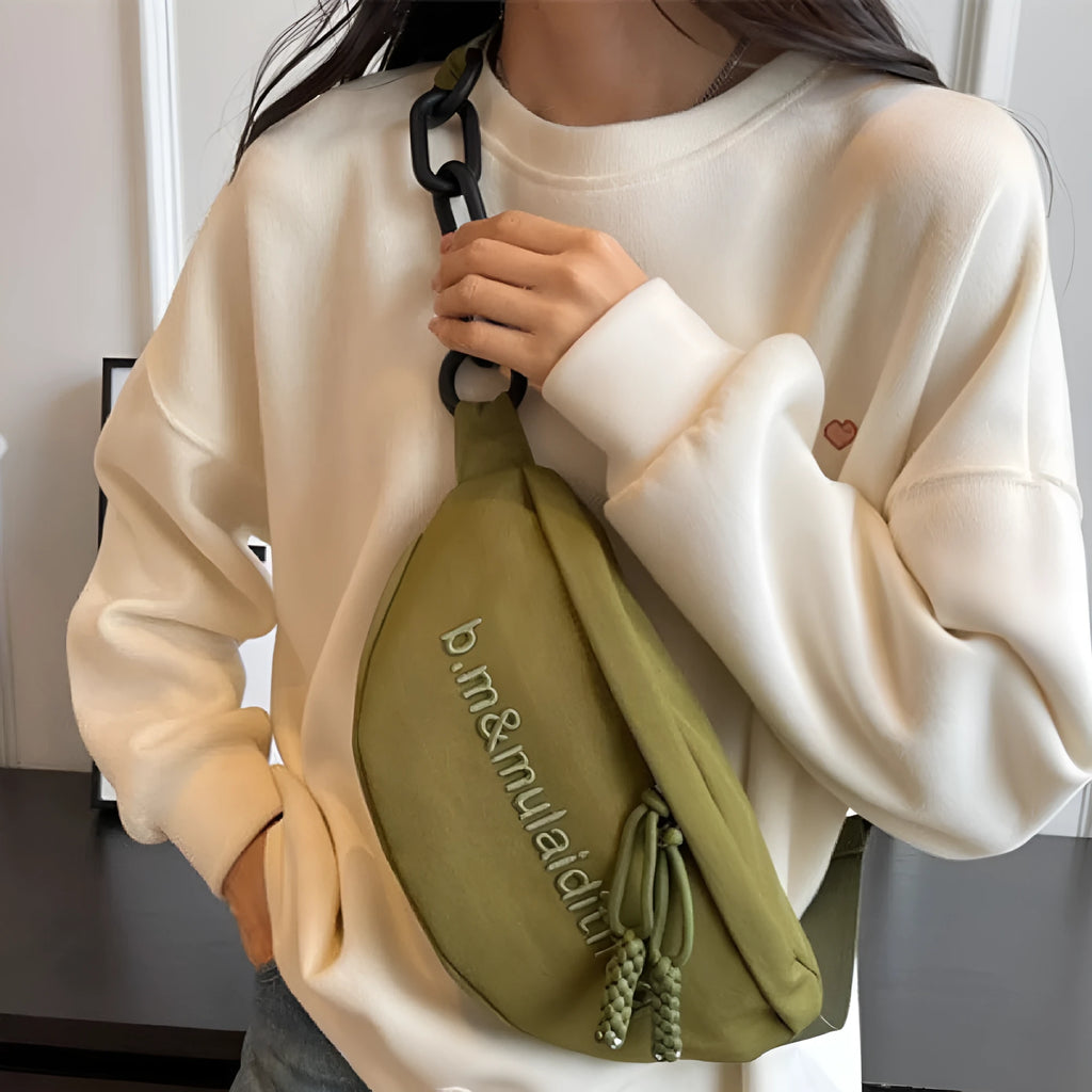 Women's shoulder bag in nylon with chain detail and outer pocket, urban simplicity style, beige colour option