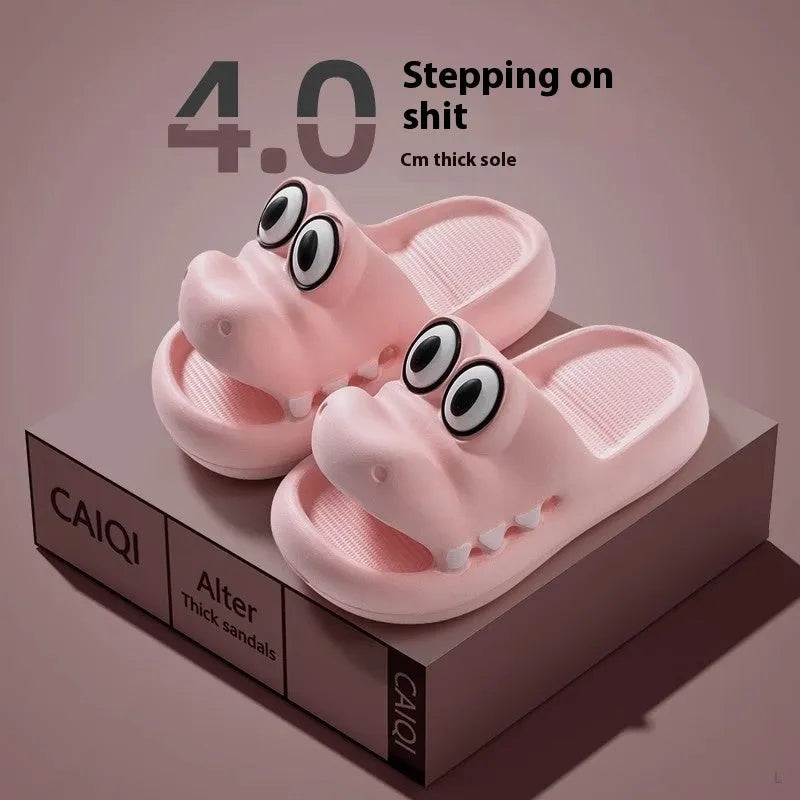 EVA platform parent and child matching sandals in an animal pattern, shown in pink, green, yellow, and blue colour options.