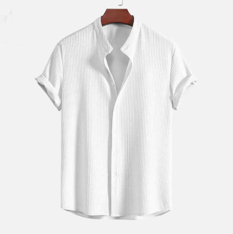 Men's loose fit short sleeve polyester shirt in multiple colour options showing Asian sizing