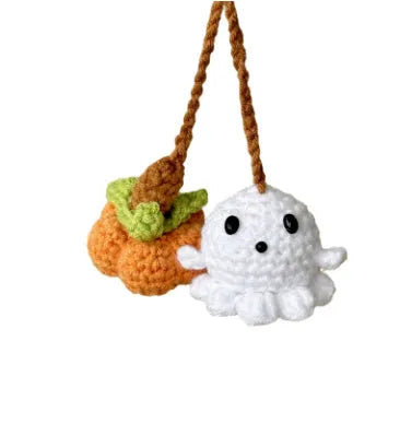 Plush hand-woven car hanging ornament in a cartoon design, made from soft polyester fabric.