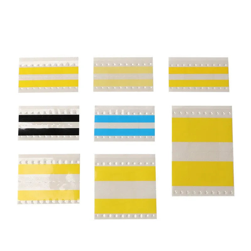 SMT double-sided splicing tape rolls in yellow, black, blue and gum colours showing 8mm, 12mm, 16mm, 24mm width options