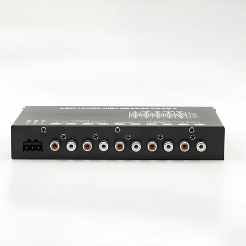 Black car audio equaliser amplifier unit with control knobs for 6-channel output and subwoofer tuning.