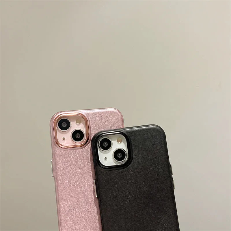 Imitation leather phone case for iPhone 15 Pro Max in solid black colour with embossed texture and protective edge