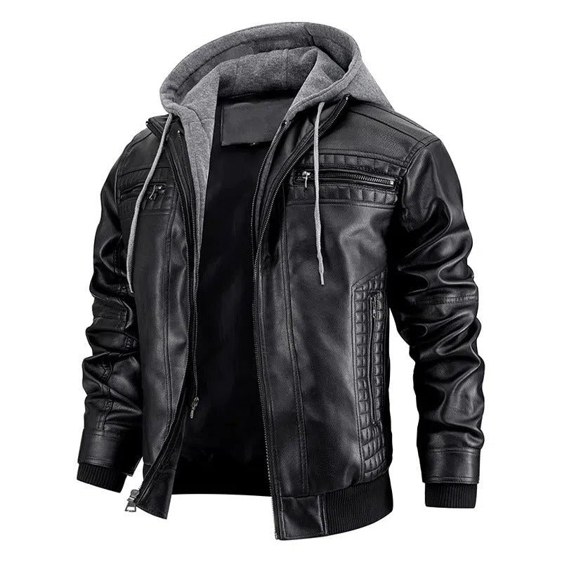 Men's black PU leather hooded jacket with zipper pockets, normal length 50cm, front view