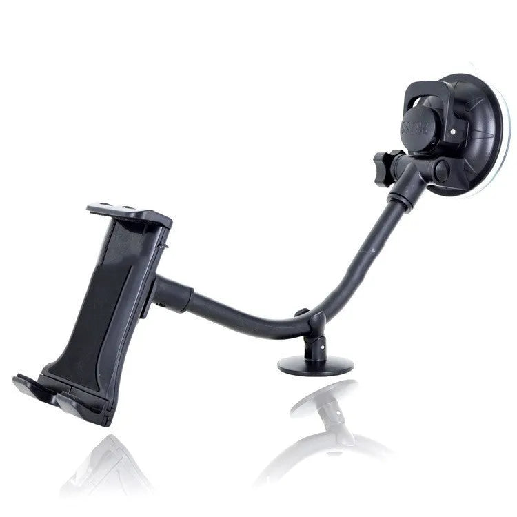 Black vehicle-mounted lifting bracket with long suction cup for 4-12 inch tablets and phones.