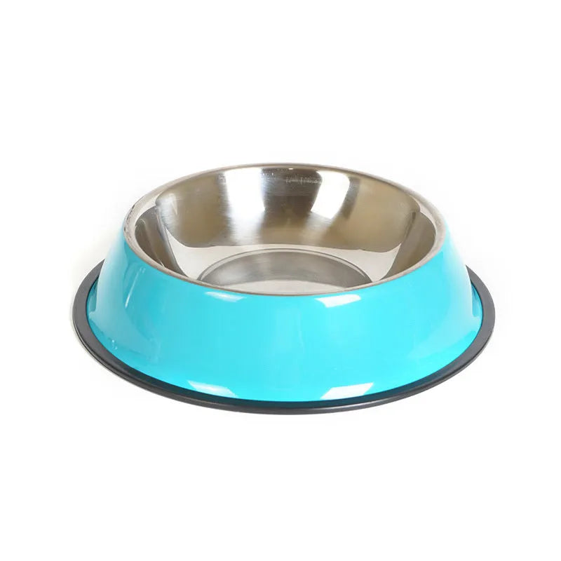 Stainless steel and colourful melamine dual-piece pet bowl with non-slip rubber base.