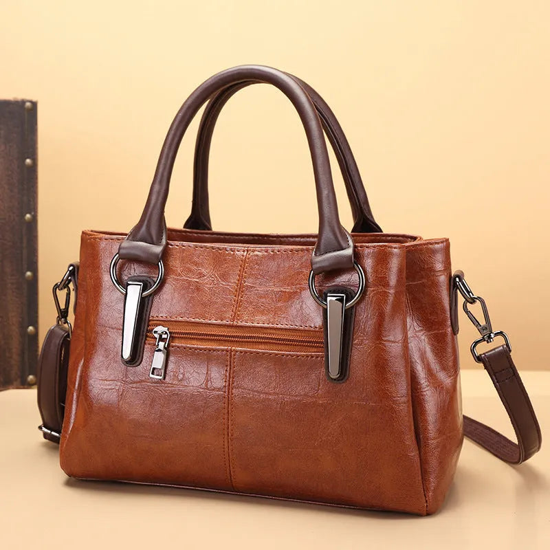 Large horizontal square PU shoulder bag with contrasting stitching and multiple internal compartments