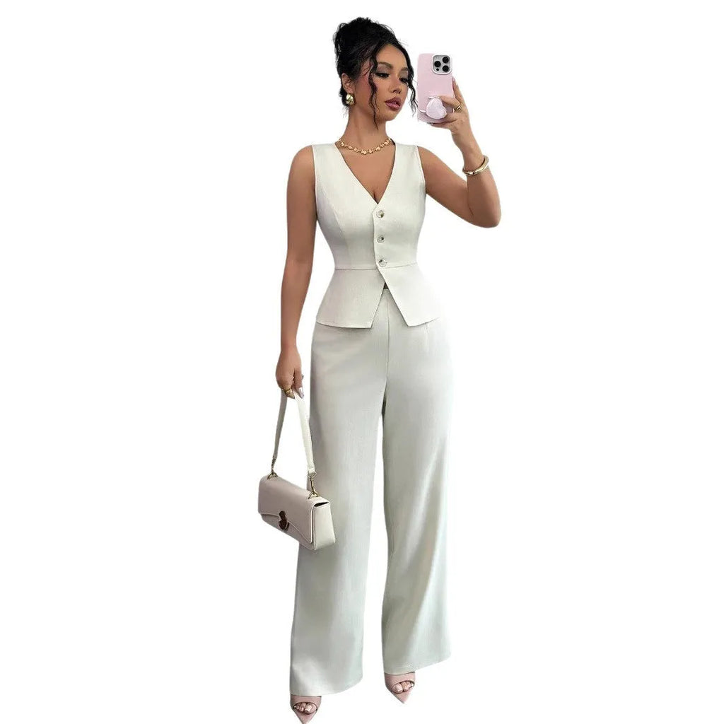 Women's black sleeveless vest and high waist trousers two-piece set in Japanese Korean casual style