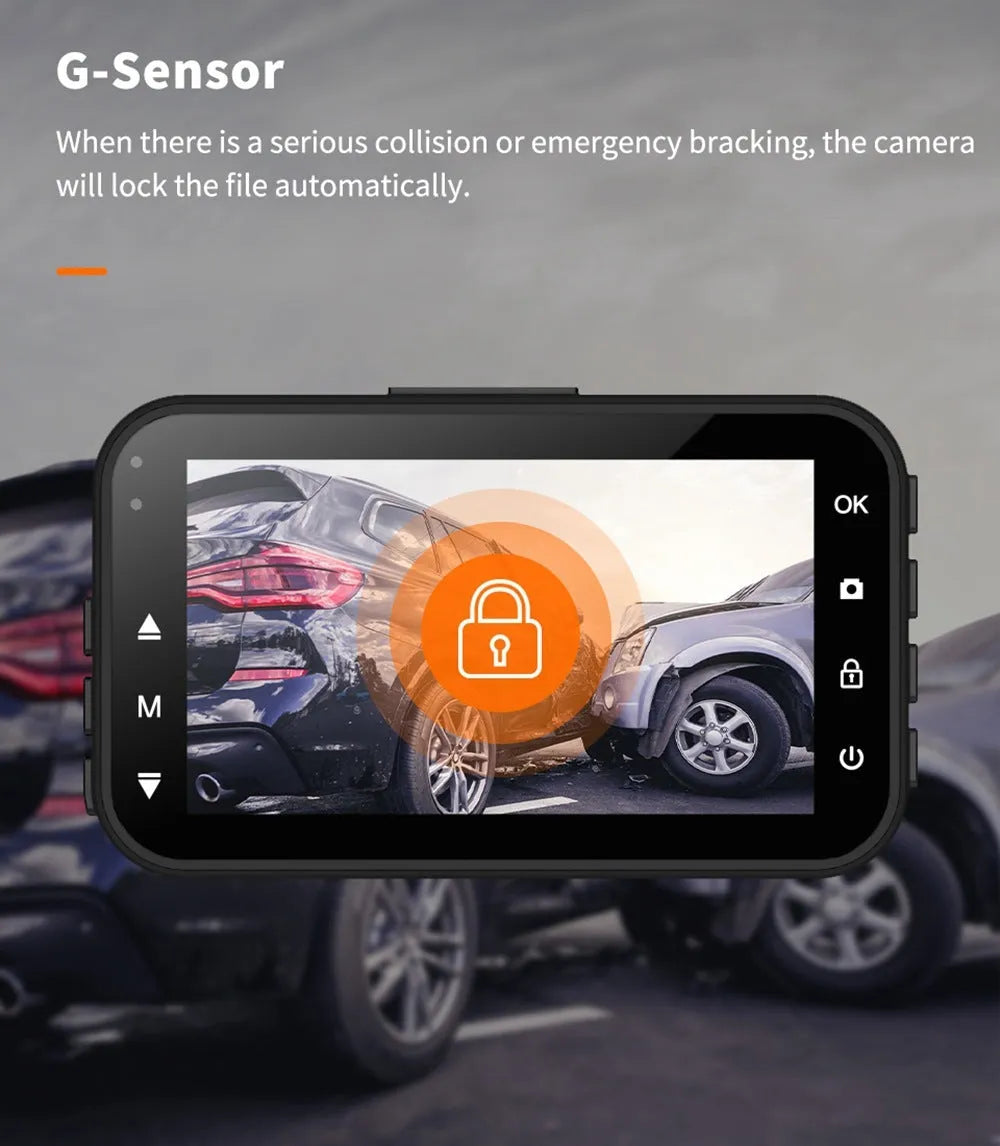 ThiEYE front and rear dash cam with 3-inch screen showing dual camera view and mounting accessories