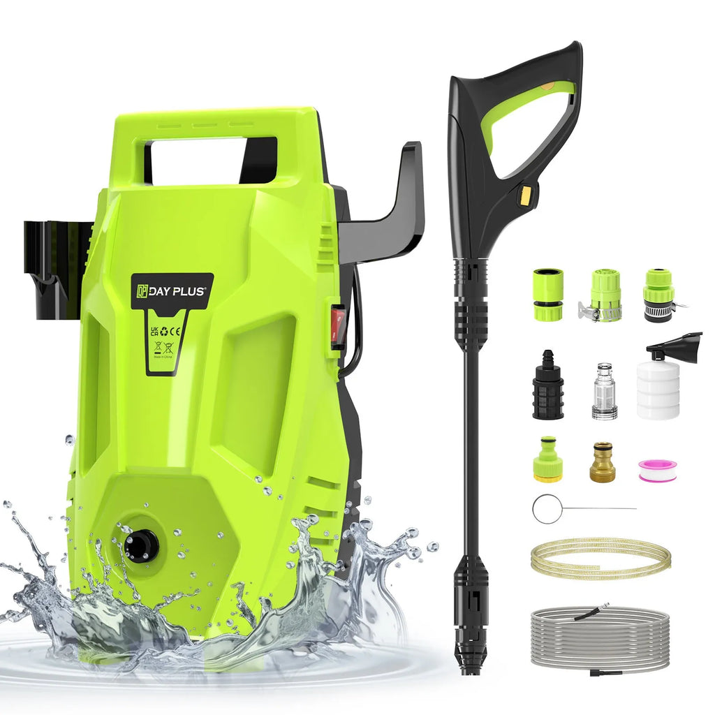 Portable AC high pressure water gun car washer with pure copper motor, shown with EU UK US plug options