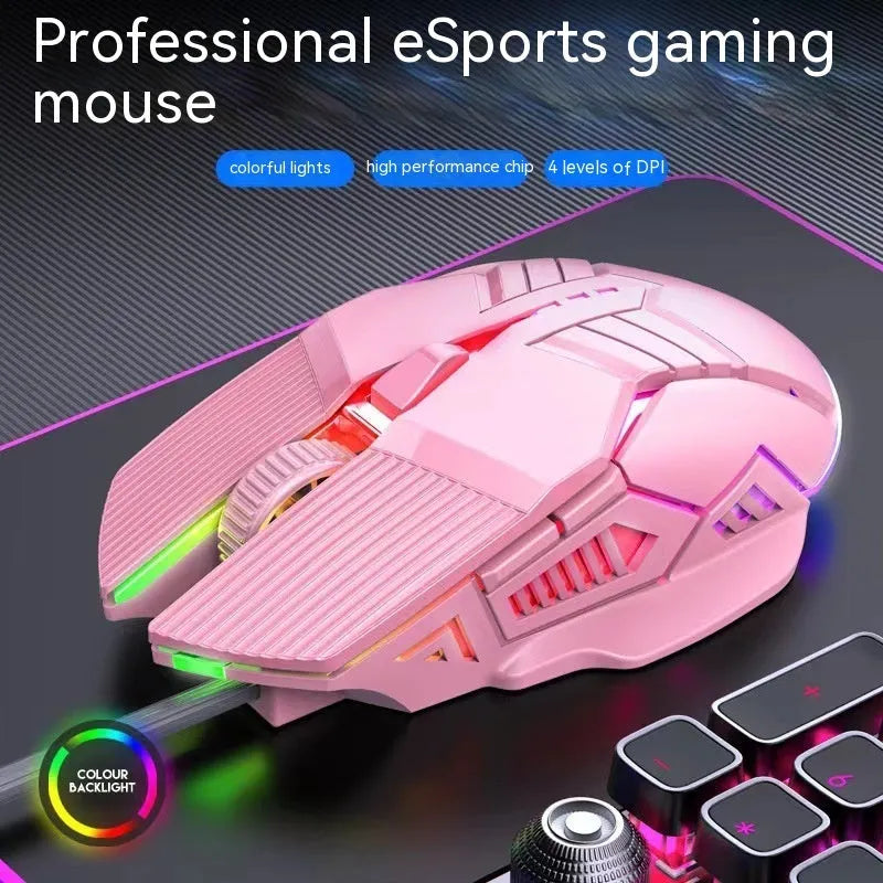 6D wired mouse with colourful lights, USB cable, in black, white, and pink options