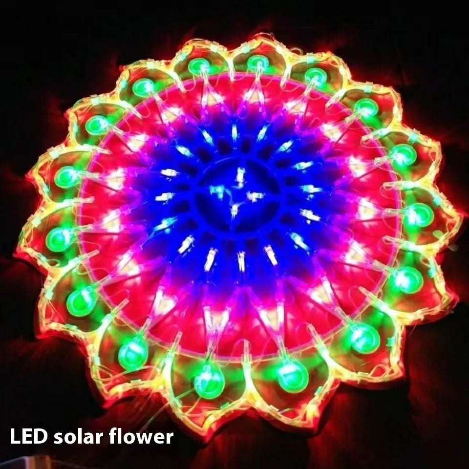 Outdoor decorative string lights with peacock, love heart, sunflower, and star shapes in colourful plastic shells