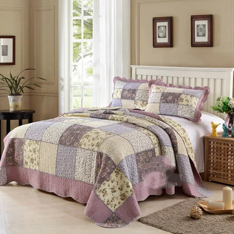 Washed pure cotton quilted bedspread set in Korean style, showing bed cover and two pillowcases.