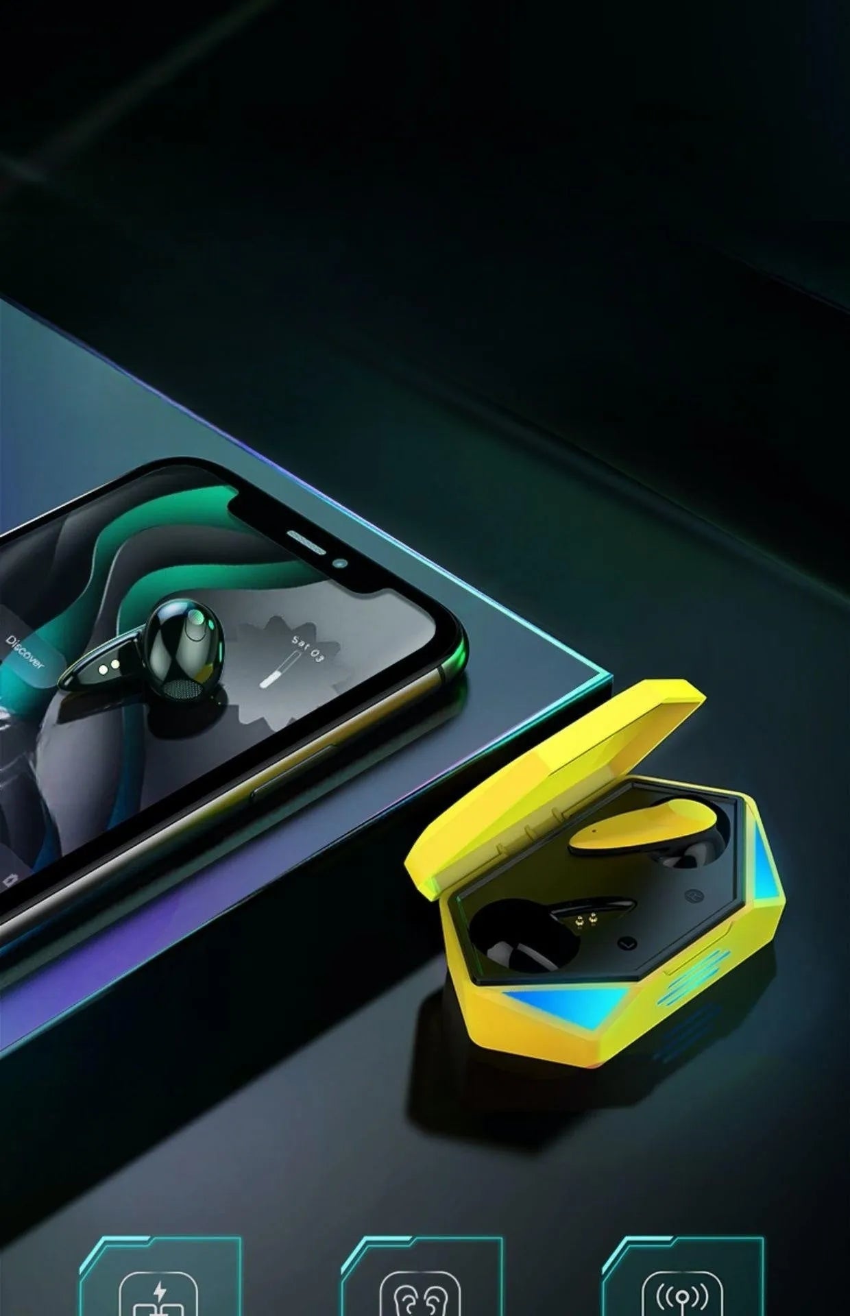 G20 Yellow TWS Bluetooth gaming headphones with charging compartment on a white background
