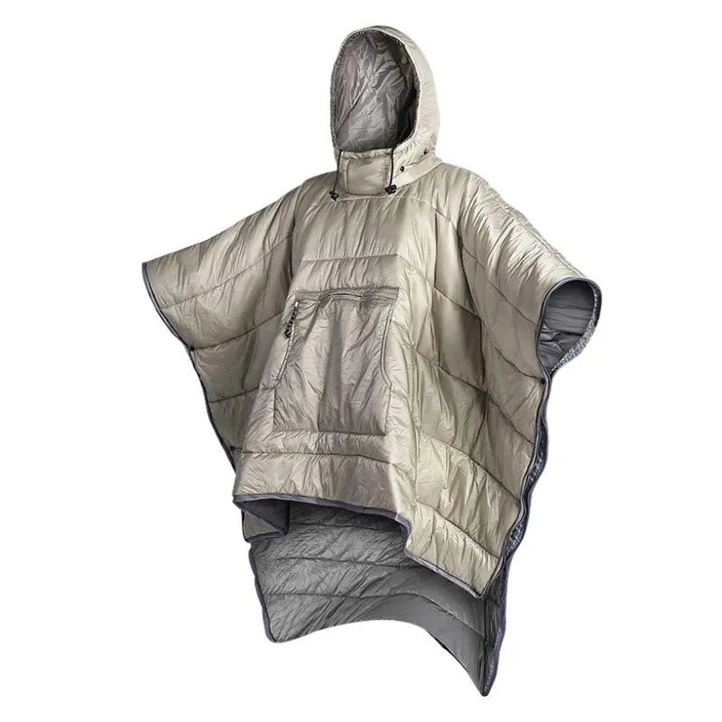 Outdoor cloak sleeping bag in grey or army green, showing wearable cape configuration and flat blanket layout