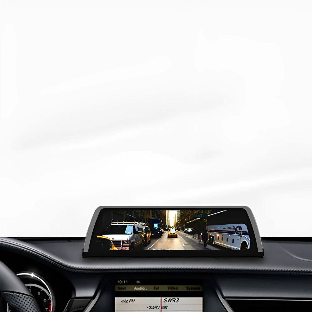 10-inch black plastic smart navigation driving recorder with touch screen, GPS, Bluetooth, front and rear video and car plug.