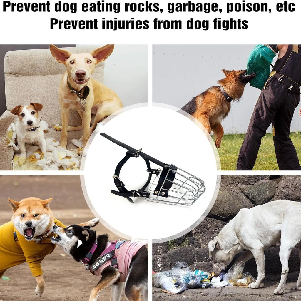 Black metal basket dog muzzle for large breeds, shown on a table with adjustable strap and buckle.