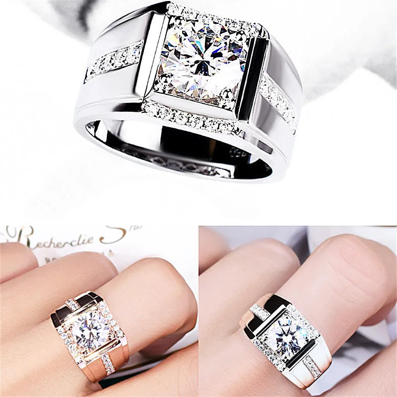 Men's geometric diamond zircon ring with adjustable open mouth in rose gold finish.