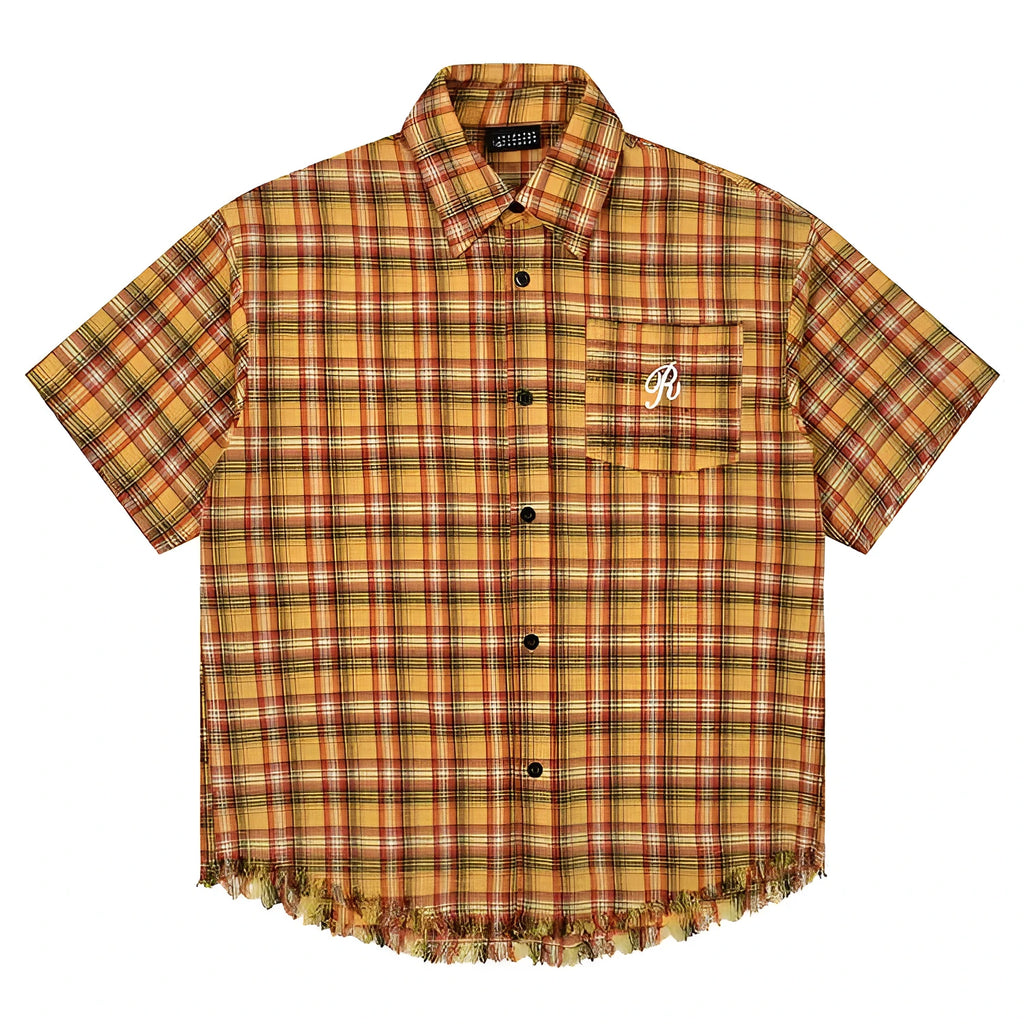 Yellow grid plaid shirt with American embroidery pocket detail on chest, short sleeves, loose fit