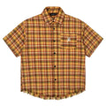 Yellow grid plaid shirt with American embroidery pocket detail on chest, short sleeves, loose fit