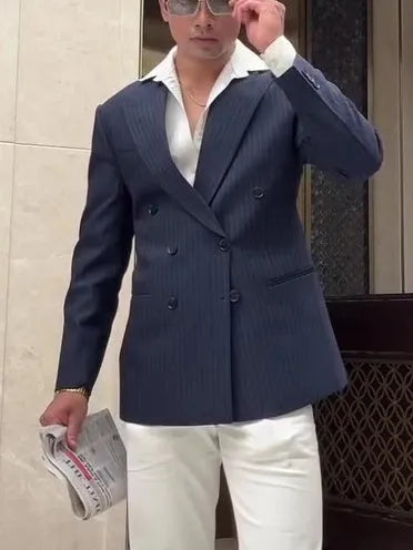 Men's classic striped double breasted blazer on a hanger