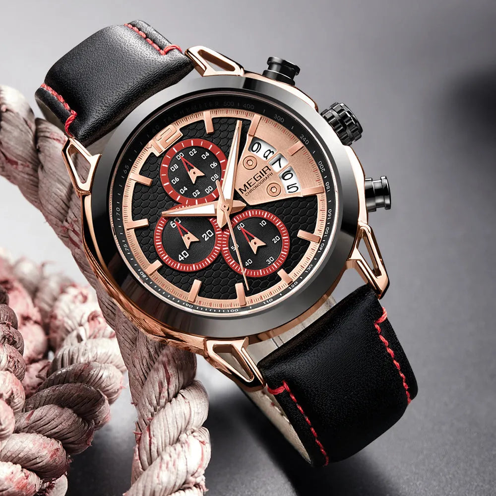Men's black and brown waterproof luminous quartz watch with leather strap and alloy case.