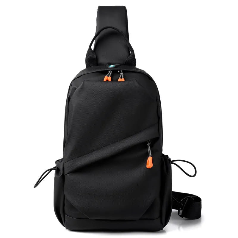 Men's black polyester crossbody bag with single shoulder strap and waterproof features