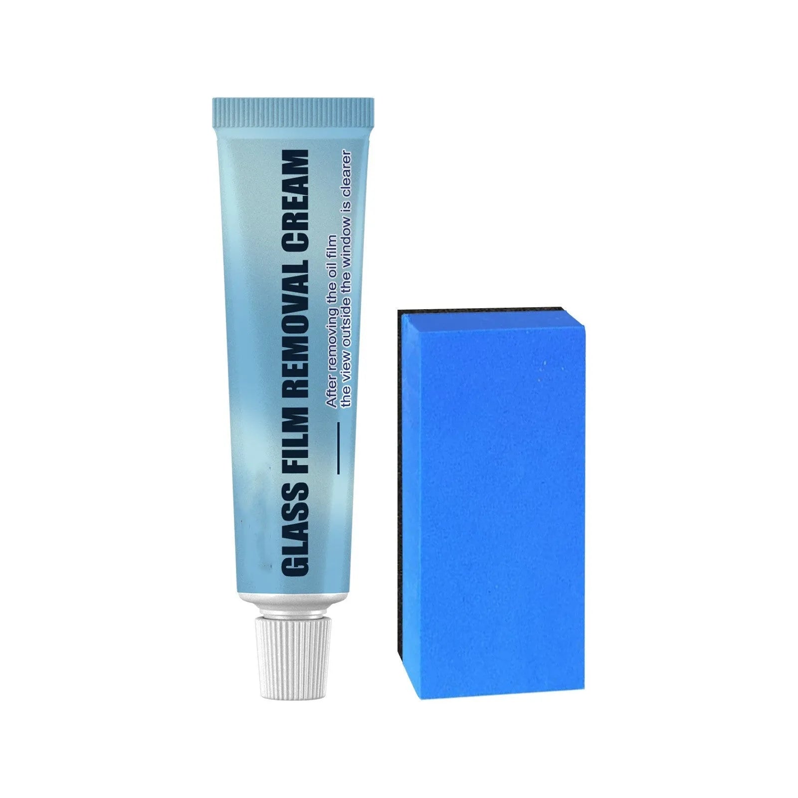 Blue car glass oil film remover unit and soft sponge brush for decontaminating windows.