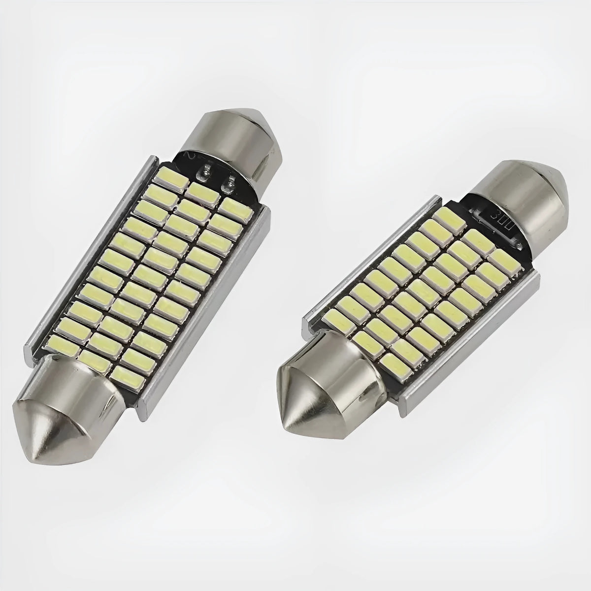 White aluminium car roof light with double-tip design for reading and license plate illumination.