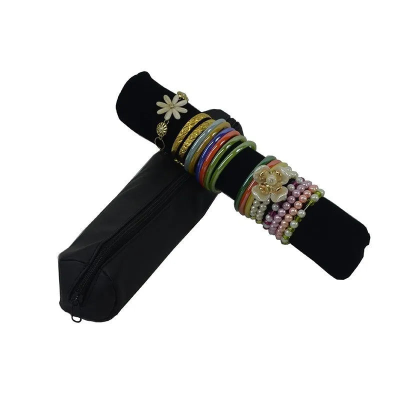 Polyester women's portable bracelet watch buggy bag storage case in black velvet with black bracelet stick