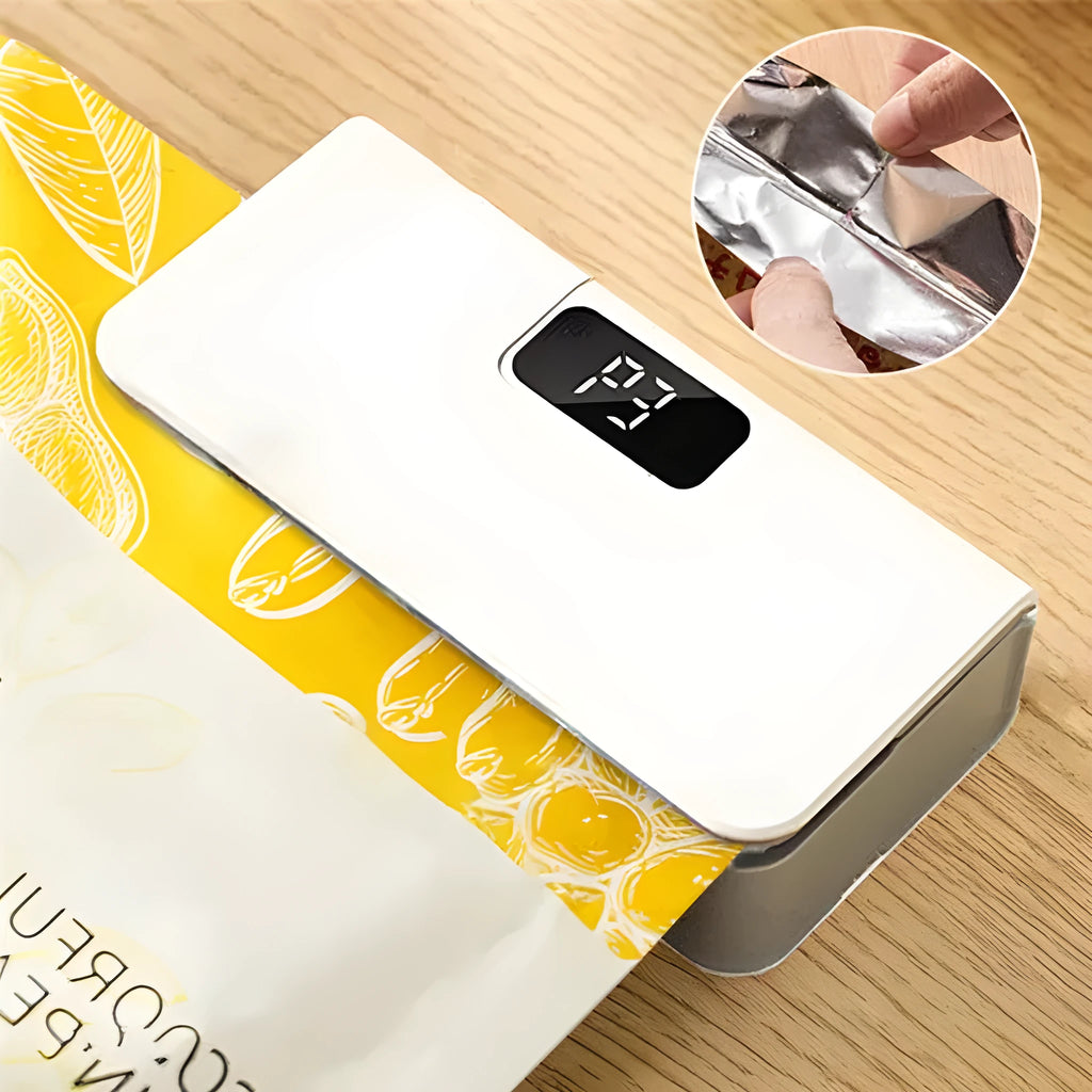 A small white handheld heat sealing machine for plastic bags on a plain background.