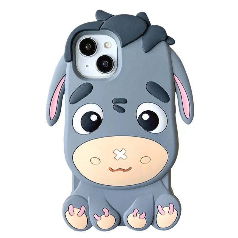 Gray silicone phone case with stereo cartoon little donkey design and epoxy finish for Apple iPhone
