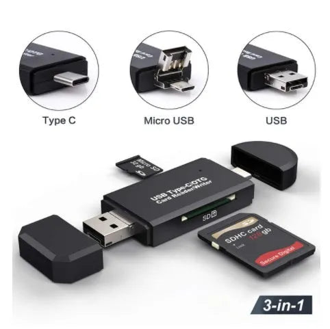 Black USB 3.0 card reader with Type-C connector for SD and TF memory cards